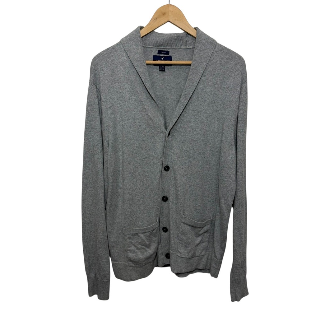 American Eagle Men's Shawl Collar Grandpa Cardigan Sweater Grey Prep Fit XL